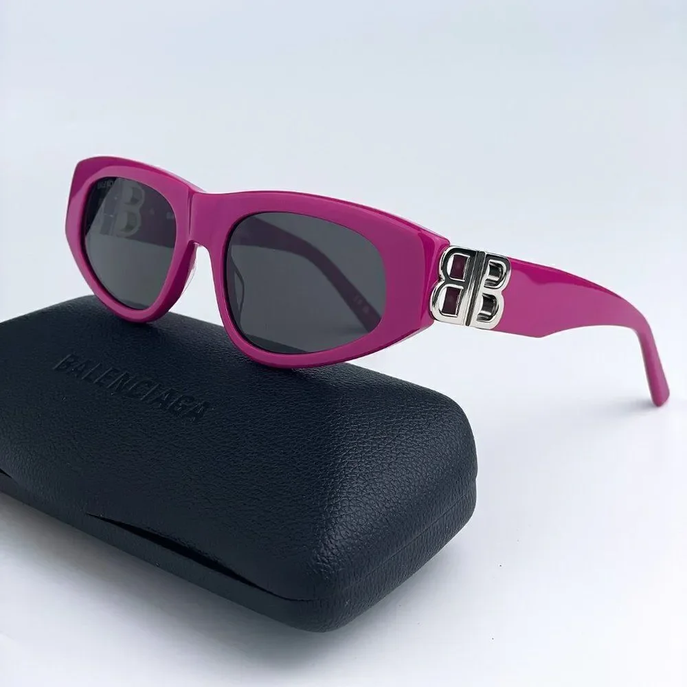NEW Balenciaga BB0095S 017 Fuchsia Pink Silver Logo Grey Cat Eye Unisex Sunglass